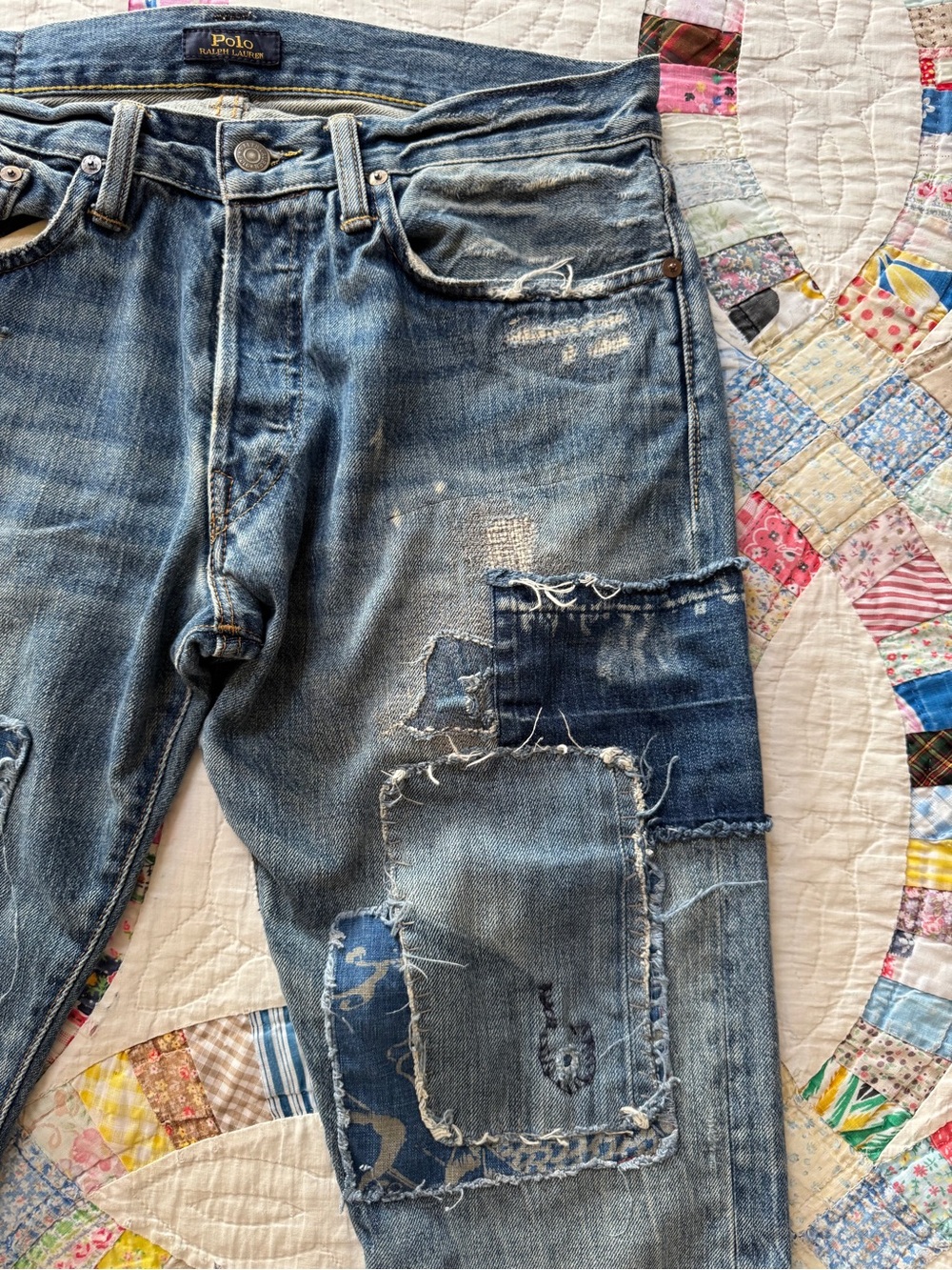 Polo Ralph Lauren Sashiko Koi Denim Jeans 31x30 Patchwork Distressed Slim Varick